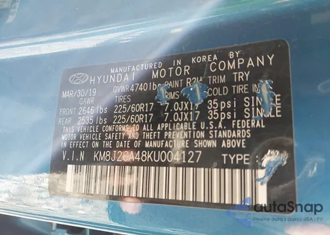 2019 Hyundai Tucson Se from USA, damaged, VIN KM8J2CA48KU004127